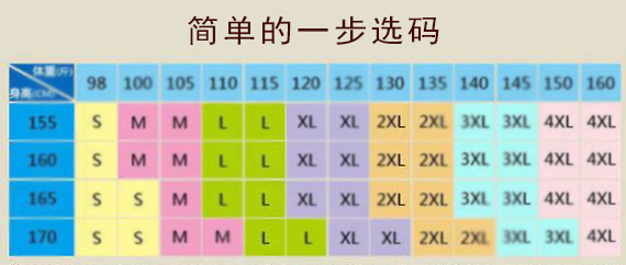 簡單的服裝一步選碼尺碼表