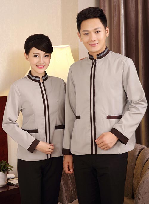 杏色男、女式長(zhǎng)袖保潔工作服定做款式